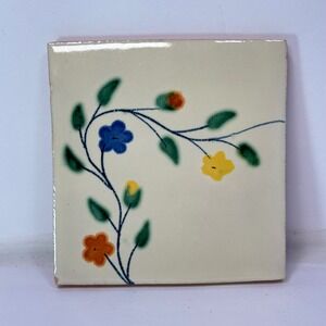 Hand Painted Ceramic Tile Floral Design Blue Yellow Orange‎ Green Accent Decor